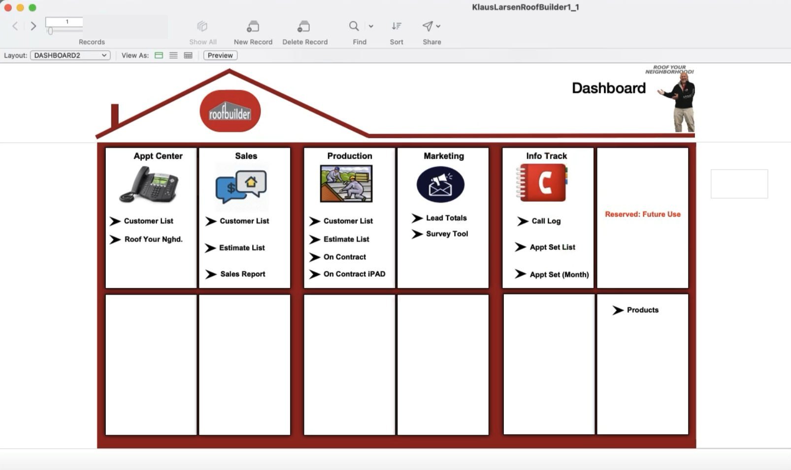 Department-based navigation for appointments, sales, production, marketing, and reporting.