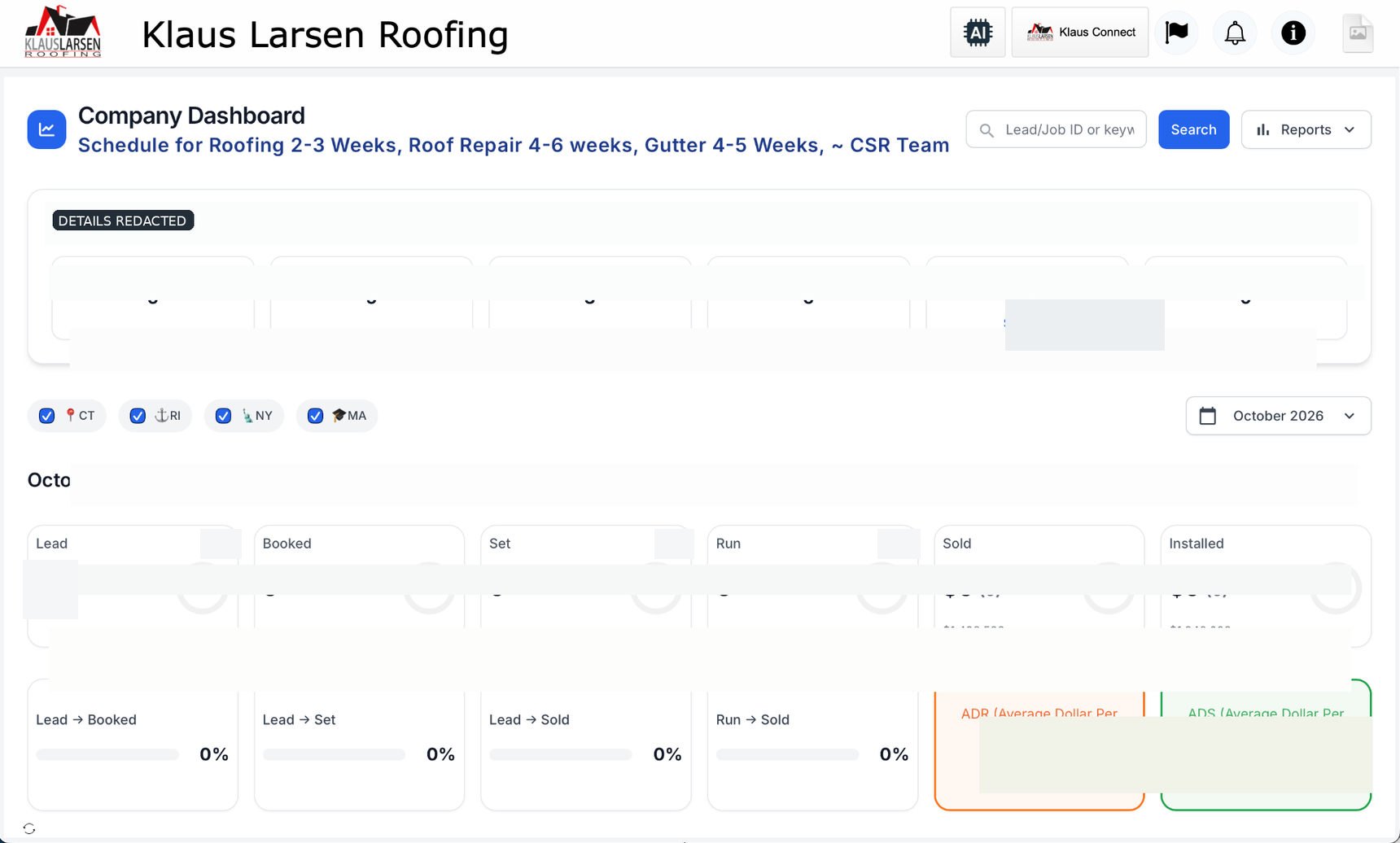 An operational dashboard with lead, appointment, and project performance tracking.